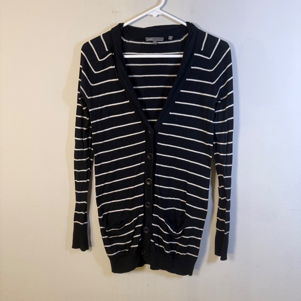 Vince Womens XS Striped‎ Button Front Cardigan Sweater Black White 100% Cotton